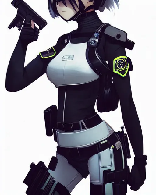 Image similar to 2 b, anime key visual of a young female swat officer, neon, cyberpunk, futuristic, white outfit, black swat vest, swat helmet, holding pdw, stunning, highly detailed, digital painting, smooth, soft focus, illustration, poster, japanese typography, digital art from artstation by artgerm and greg rutkowski and alphonse mucha