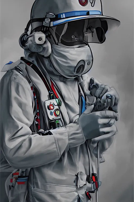 Image similar to paramedic, standing by ambulance, highly detailed, digital art, sharp focus, trending on art station