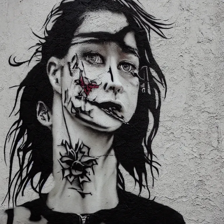 Image similar to Street-art portrait of The Girl with the Dragon Tattoo in style of Banksy, photorealism