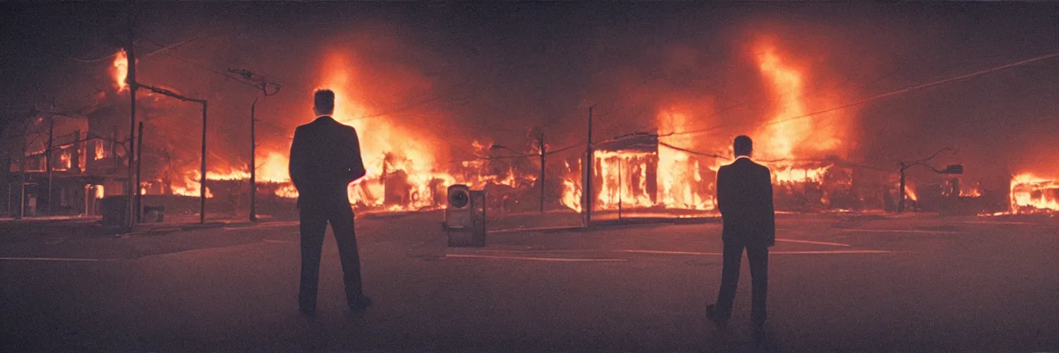 Image similar to 3 5 mm medium format photo, cinema still from david lynch movie, sleazy man watching night streets while a single house burns in the background of suburbia, haze, americana, high production value, 8 k resolution, hyperrealistic, hdr, photorealistic, high definition, high details, tehnicolor, award - winning photography, masterpiece, amazing colors