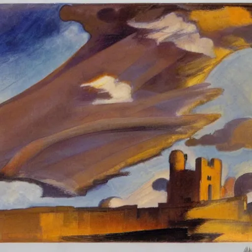 Image similar to by david bomberg, by milo manara depressing. a beautiful kinetic sculpture of a castle in the clouds.