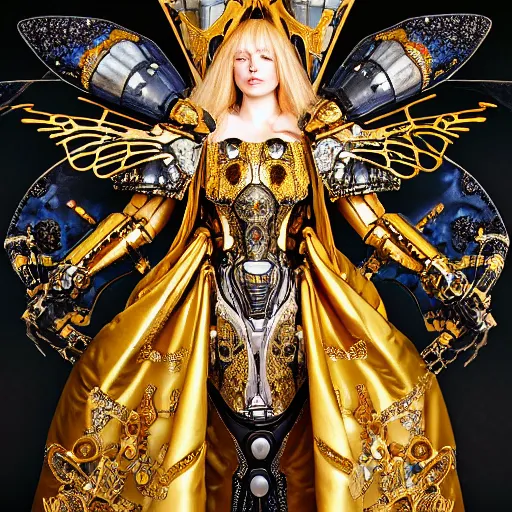 Prompt: wh 4 0 k haute couture scale armour paladin editorial by klimt, biomechanical hornet with metal couture wings by malczewski, ornate wh 4 0 k chaos lord in gold, bismuth and obsidian by giger, on cosmic background by alphonse mucha