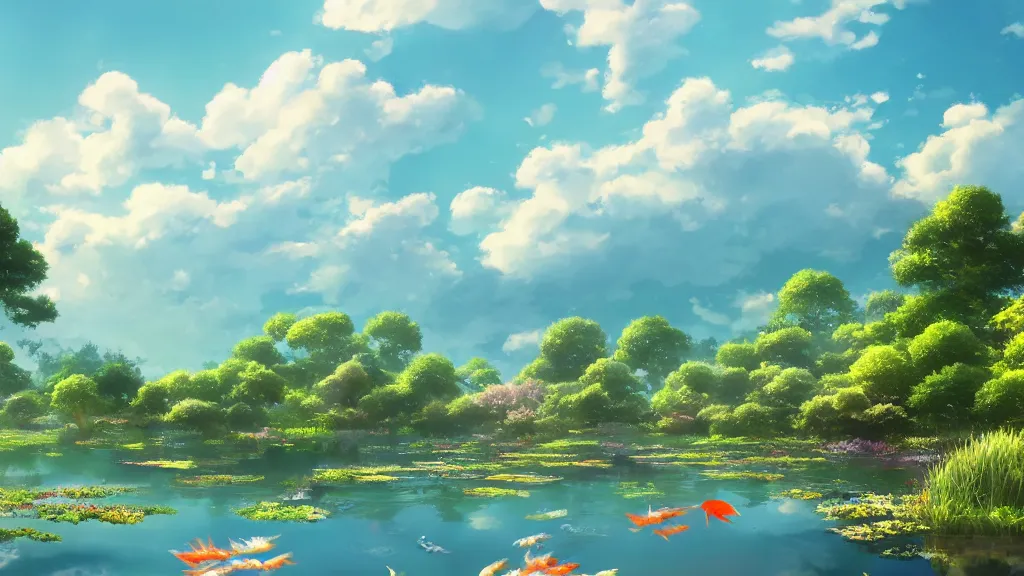 Prompt: a ultradetailed beautiful matte painting of a peaceful pond with a clear water and amazingly beautiful carp koi and a magical wind blowing gently, anime landscape, high resolution 4 k, by makoto shinkai, charli bowater and artgeem