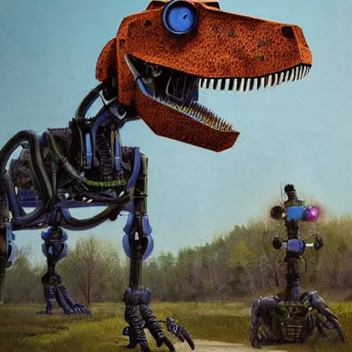 Image similar to a portrait photograph of a robot T-rex made of mechanical parts, cartoonish psychedelic paleoart rendering, realistic dinosaur cyborg in the style of simon stålenhag