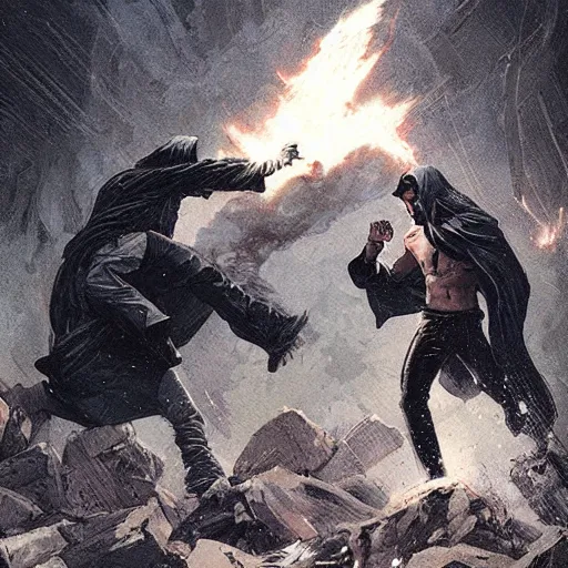 Image similar to a man in a black hoodie fighting a white god, vintage comic, greg rutkowski