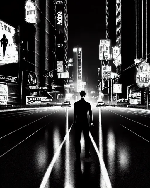 Prompt: hyper-realistic scene from sin city 2, dark city streets with cars and people in the distance, glowing lights, low key, 8k, trending on twitter