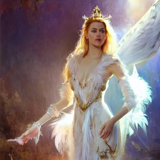 Prompt: hyperrealistic portrait of a woman as amber heard as a saint oracle wearing white swan dress long feathers and sapphire jewellery by jeremy mann and alphonse mucha, fantasy art, photo realistic, dynamic lighting, artstation, poster, volumetric lighting, very detailed faces, 4 k, award winning