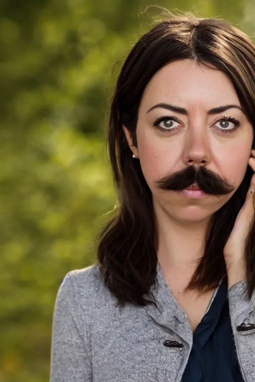 Image similar to photo of Aubrey Plaza with Ron Swanson moustache, portrait, 3/4 view, Refined, Detailed professional photo, 50mm lens, Canon eos, blurry distant background, Highly Detailed, Cinematic Lighting, 8k