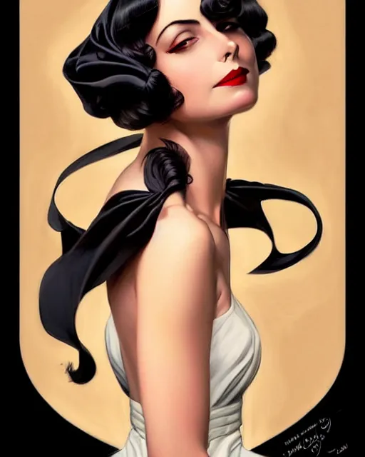 Image similar to style of j. c. leyendecker, artgerm : : gorgeous willa holland : : evil witch, swirling black magic, black dress : : symmetrical face, symmetrical eyes : : full body pose : : gorgeous black hair : : magic lighting, low spacial lighting : :