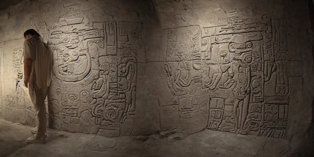 Image similar to pascal votan the space navigator as etched in stone, Mayan hieroglyph by Liam Wong and Boris Vallejo