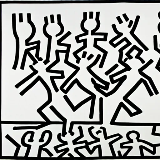 Prompt: pop art stick figures, in style by keith haring