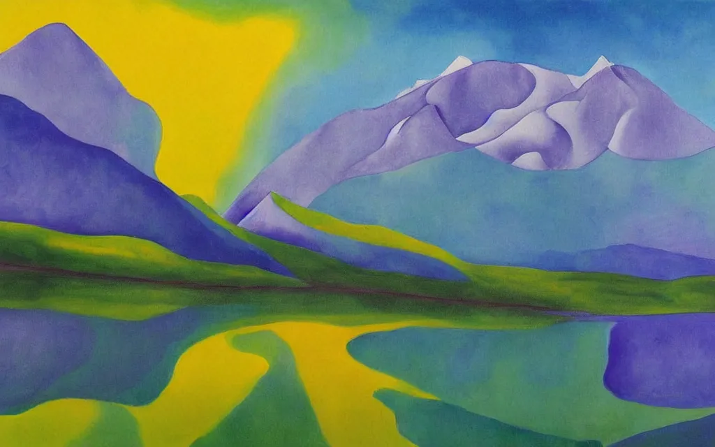 Prompt: the alps and reflection in a lake in the style of georgia o keeffe. colorful, wavy. painting. medium long shot. perspective. color palette of blue, yellow, purple, green. alpenguhen