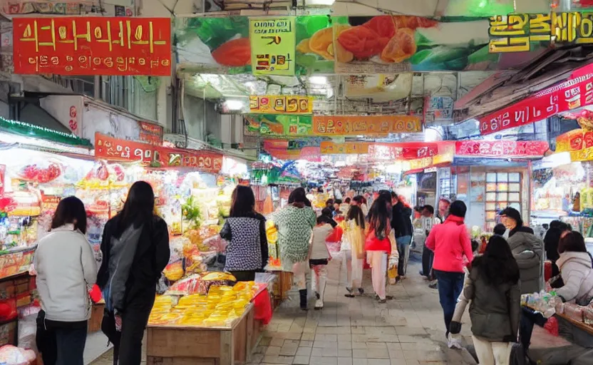 Prompt: a Korean food market,