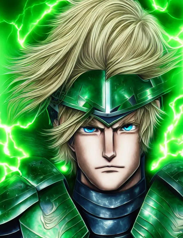 Prompt: a detailed manga portrait of a long haired blonde man with blue eyes in green armour glowing with green energy, trending on artstation, digital art, 4 k resolution, detailed, high quality, sharp focus, hq artwork, coherent, insane detail, character portrait