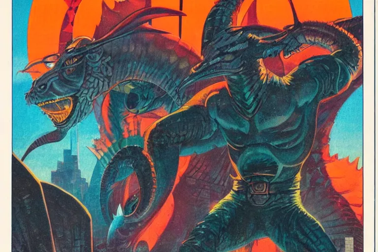 Image similar to 1979 OMNI Magazine Cover of a dragonborn in neo-tokyo style by Vincent Di Fate. DND character art