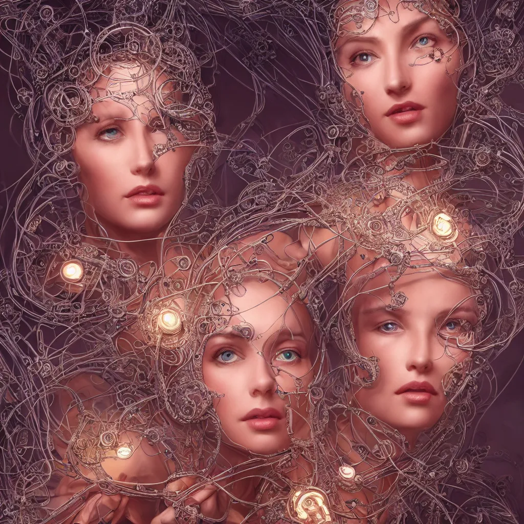 Image similar to very beautiful woman integrating with technology, full face frontal, portrait, insipiring, detailed intricate ornate cables connected to head, big open electric eyes, luxurious detailed abundent wiring and implants, diamonds, sci-fi, neon, emeralds, detailed technology full background, highly detailed, artstation, Rene Lalique and Eddie Mendoza and Gil Elvgren