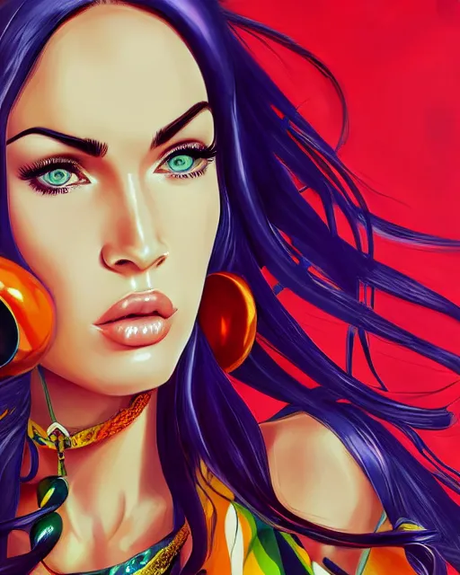 Image similar to portrait of megan fox, beautiful, elegant colorful, inspired by steel ball run manga, artstation trending, deviantart, highly detailed, focus, smooth, illustrated by hirohiko araki