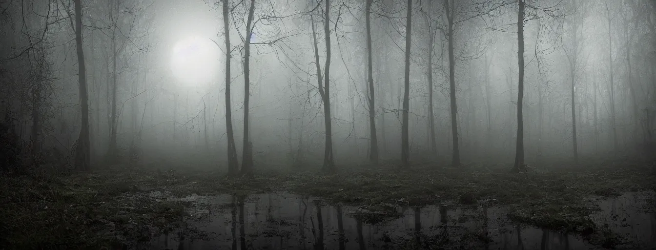 Image similar to portrait of man's terrified face, in the night in a wet forest, hiding from menacing alien intruder, moonlight, horror atmosphere, postapo, dystopia style, heavy rain, reflections, high detail, horror dramatic moment, motion blur, dense ground fog, dark atmosphere, saturated colors, by darek zabrocki, render in unreal engine - h 7 0 4