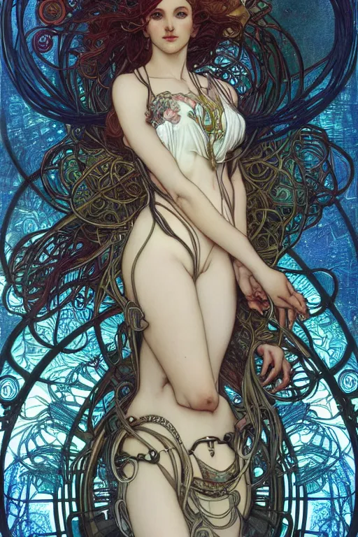 Prompt: realistic detailed portrait of a fully clothed adult cyberpunk! goddess by Alphonse Mucha, Charlie Bowater, Art Nouveau cyberpunk! style, mechanical accents!, flowing wires with leaves, rich deep moody colors