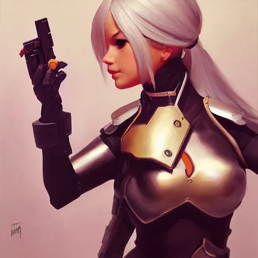 Prompt: greg manchess portrait painting of a 2 yorha type a no. 2 as overwatch character, medium shot, asymmetrical, profile picture, organic painting, sunny day, matte painting, bold shapes, hard edges, street art, trending on artstation, by huang guangjian and gil elvgren and sachin teng