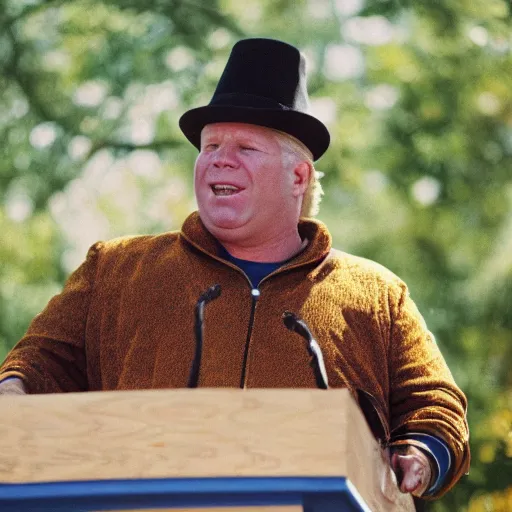 Prompt: doug ford giving a speech in beekeepers suit cinestill, 8 0 0 t, 3 5 mm, full - hd