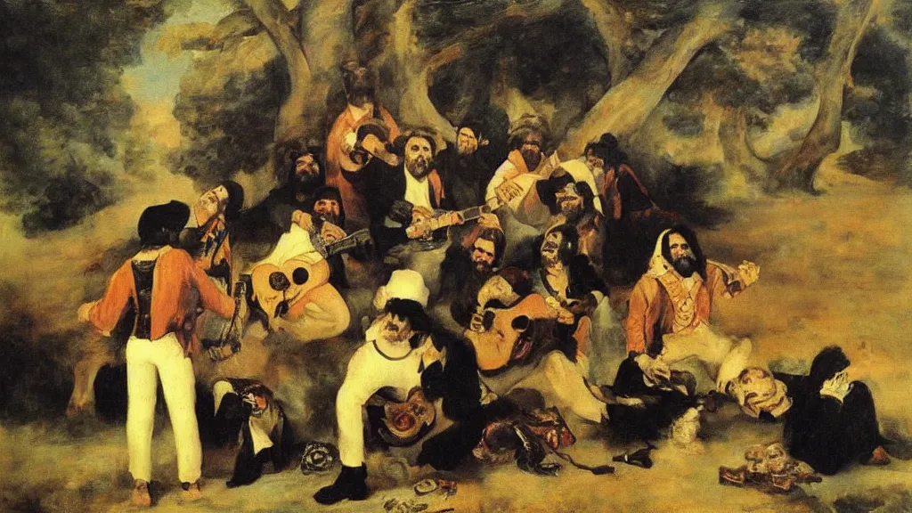 Image similar to Band members of The Grateful Dead in a Spanish village, painted by Francisco de Goya, oil painting