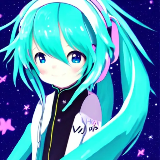 Prompt: pixiv artwork of hatsune miku flying through the night sky