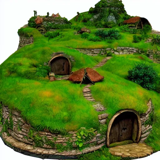 Image similar to the shire, hobbit village. green rolling hills, hobit mounds, hobbit people living life green open world colourful - rated, award winning, realistic, detailed lighting, detailed shadows