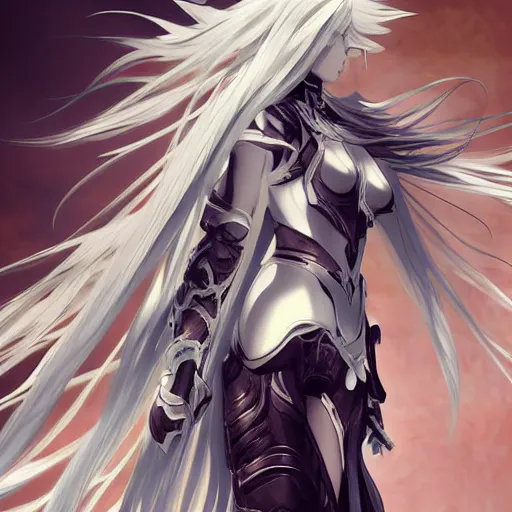 Prompt: full body character design character design of an anime girl with long white hair wearing Elden Ring armor with engraving in the style of Yoji Shinkawa, expressive brush strokes, hairs fluttering on the wing, noisy film grain effect, highly detailed, Renaissance oil painting, weird portrait angle, blurred lost edges, three quarter view