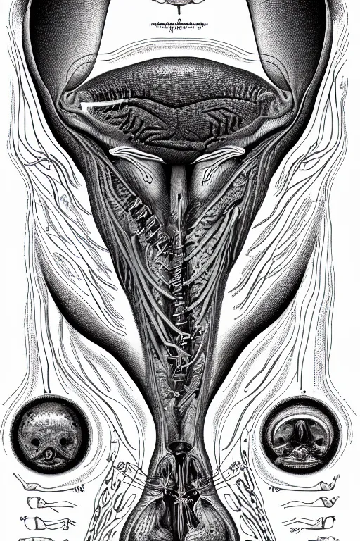 Image similar to psychedelic anatomically accurate labeled diagram of alien animal, intricate parts, fine details, hyper realistic, elegant minimalist, by seichen, surreal
