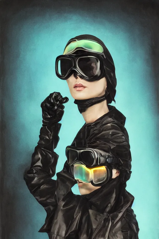 Image similar to digital fashion, androgynous person, tactical poncho latex rags, wearing goggles, techwear, iridiscent light, high key, cinematic lighting at night, neon, phil hale, boris vallejo, alberto mielgo, patrick o'keeffe