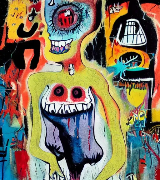 Prompt: acrylic painting of a bizarre nightmare woman in front of an aquarium in a nightmare, mixed media collage by basquiat and jackson pollock, maximalist magazine collage art, retro psychedelic illustration, 1 9 2 0 s