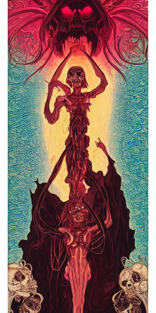 Prompt: intense glowing black metal pagan god with spider eyes and spider legs with a skull in very dark void by josan gonzales and moebius and alphonse mucha, portrait, light beams, lens flare, studio muti, malika favre, rhads, makoto, black and red and teal