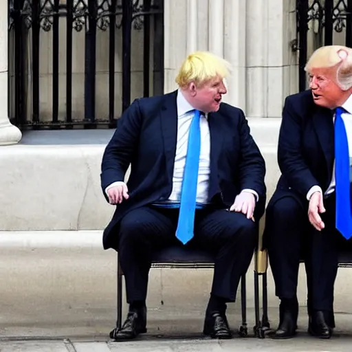 Image similar to a paparazzi photo of boris johnson on a date with donald trump along the houses of parliament, london, the sun newspaper, detailed, canon eos, f / 1. 2, 2 0 0 mm lens