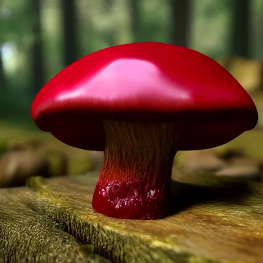 Prompt: a cut ruby gemstone mushroom, shiny, in the forest, unreal engine