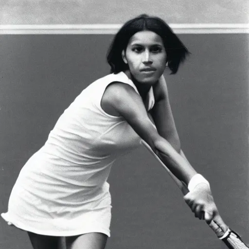 Prompt: a medium full shot, german and eastern european mixture polaroid photograph depicting a woman with dark brown skin, long, swirling black hair, and jade colored eyes, playing tennis. she is wearing wearing a classicist outfit in 1 9 8 2.