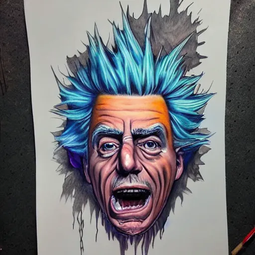 Image similar to rick sanchez art piece from best tattoo artist, realistic color by, on mat paper, winning, alltime favorite, instagram