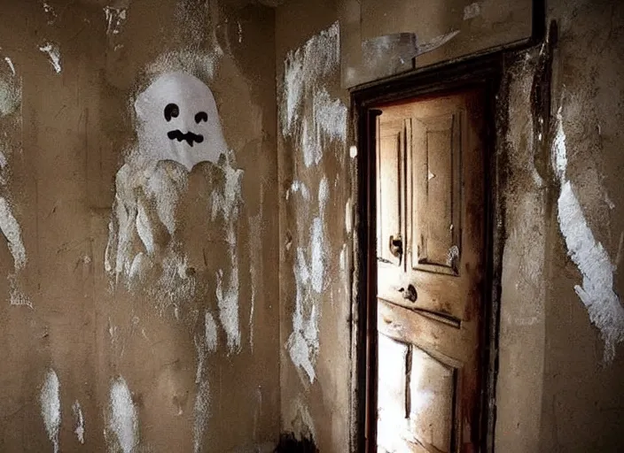 Prompt: Ghosts in A terrifying room, haunted, an eerie room, paint peeling off the walls, I'm scared, help, eerie lighting,