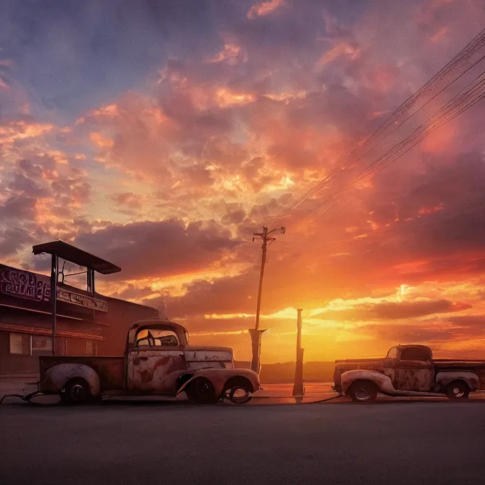 Image similar to a sunset light landscape with historical route 6 6, lots of sparkling details and sun ray ’ s, blinding backlight, smoke, volumetric lighting, colorful, octane, 3 5 mm, abandoned gas station, old rusty pickup - truck, beautiful epic colored reflections, very colorful heavenly, softlight