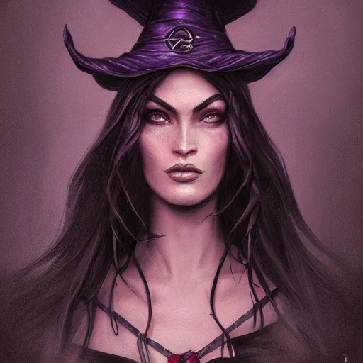 Image similar to an insanely detailed portrait of a beautiful witch that looks like megan fox with long dark purple hair, wearing black witch hat, in the style of peter mohrbacher, artgerm, dramatic lighting and composition, octane render, trending on artstation, concept art 8 k