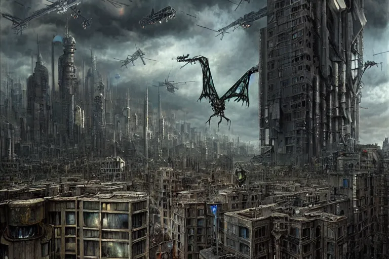 Image similar to hdr rugged futuristic cityscape infested by flying cyber dragons and other robots, matte painting by andrea kowch, detailed realistic