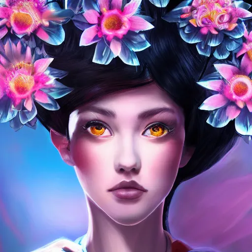 Prompt: an intelligent young women looking at the camera, she has a beautiful unconventional face, she is surrounded by an explosion of 3 d flowers, elegant, highly detailed, digital painting, artstation, japonisme, concept art, pop, smooth, sharp focus, illustration, 3 d 8 k ultra detailed