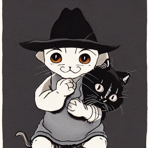 Prompt: art by studio ghibli, black and white, of a baby kitten wearing a cowboyhat hugging a cat