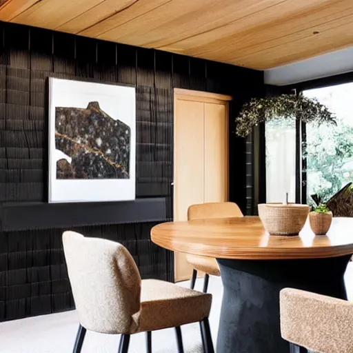 Image similar to lounge and dining room, stone, interior design, stylish luxury hotel living room design, yakisugi, black vertical slatted timber, textures, feminine, black walls, art, Japanese pottery vase with flowers, kakejiku, seasonal, Japanese influences