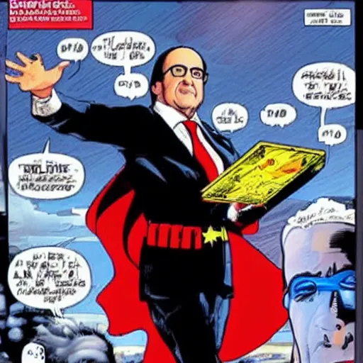 Image similar to francois hollande is a super hero of dc comics, movie atmosphere