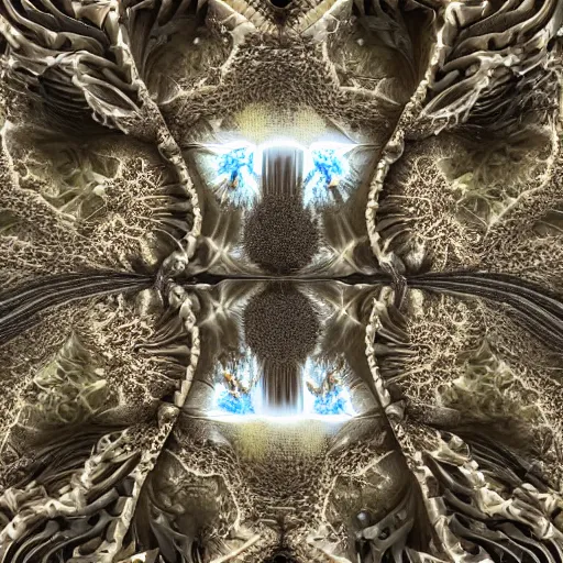 Image similar to a hyperrealistic 3 d render of a huge sprawling fractal cathedral interior populated by mandelbrot fractals by android jones, unreal engine, carved stone, carved soap, white color scheme, volumetric lighting, octane render, dramatic lighting, glowing, carved marble, opalescent, sacred geometry, religious, angelic, catholicpunk, stark, 8 k, ultra detailed