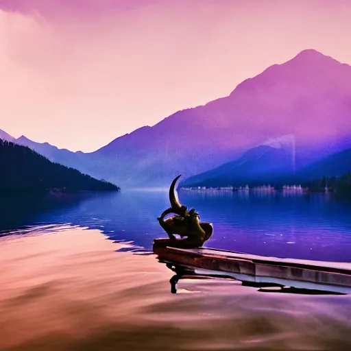 Image similar to balrog on a boat in beautiful mountain lake at night still water aesthetic purple clouds