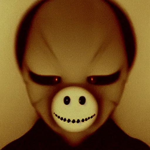 Prompt: humanoid ghost with an unnatural smile from the p. t. video game, it has huge eyes and is staring at the camera from the end of a dark hallway. caught on vhs, film grain,