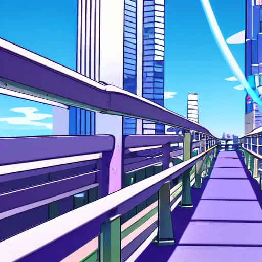 Prompt: oceanfront walkway, futuristic city, colorful city, curved railing, long railing, shining sea, cel - shading, 2 0 0 1 anime, cel - shaded, bright sunshine, jet set radio, mirror's edge, raytracing, toon - shading, strong shadows