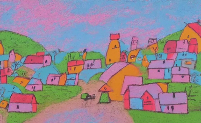 Prompt: village, houses with faces, pastel colours, naive